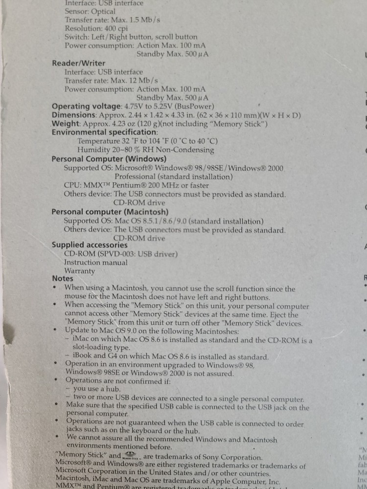 Vintage / Sony Memory Stick Reader Writer USB Optical Mouse / MSAC-US5 / Sealed