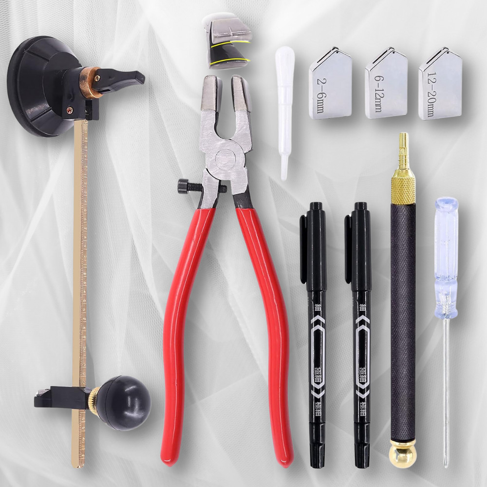9 Pcs Glass Cutting Tool Set Kit Includes Adjustable Circular Glass Cutter,