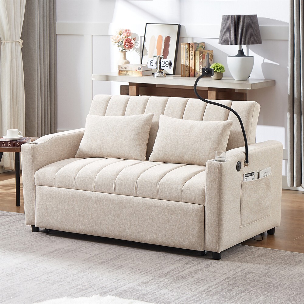 55.9'' Convertible Sleeper Sofa Bed Loveseat Sofa with Pull Out Bed & USB Ports