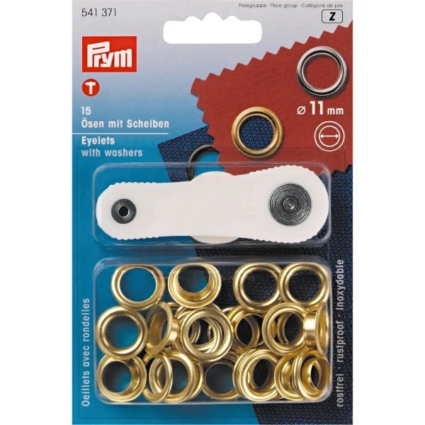 Prym One-Sided Eyelets 11mm ID, 15 Sets w/ Setting Tool, Gold