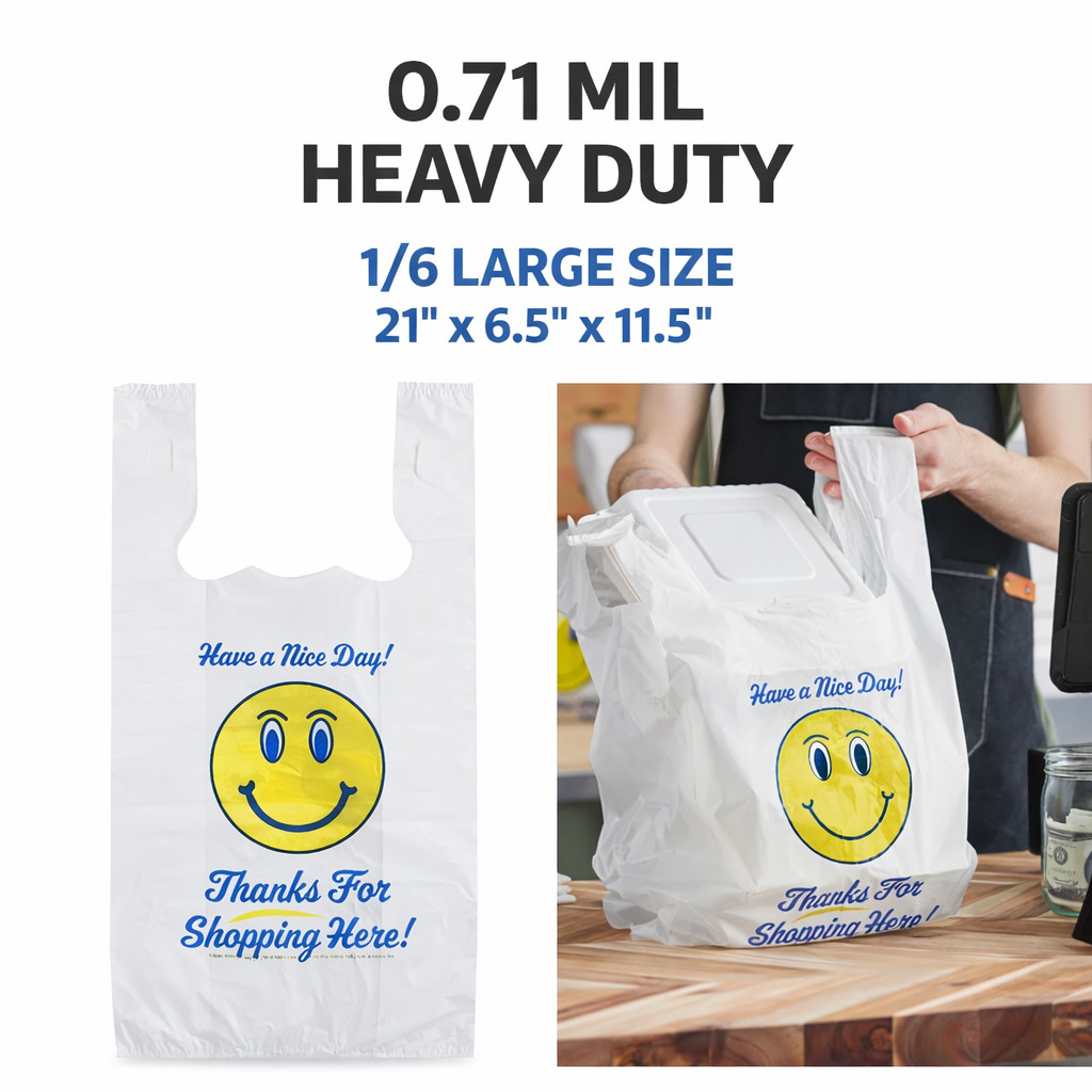 Bags Heavy Duty 1/6 21 x 6.5 x 11.5 0.71 Mil Happy Face T-Shirt Plastic Grocery