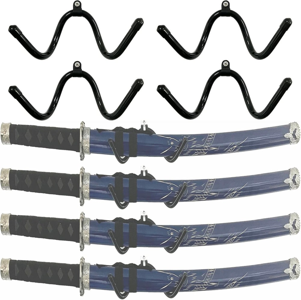 4 Pack Wall Mounted Sword Display Hooks Black Flexible Design for Various Blades