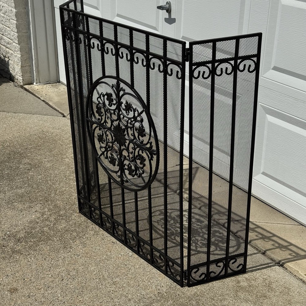 Vintage Black Iron Fireplace Screen Folding 3-Panel – 47” x 36”