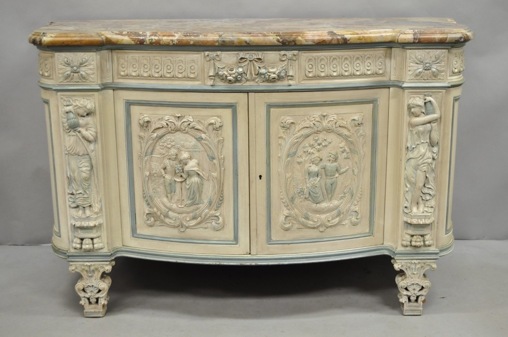 French Renaissance White Blue Painted Figural Carved Marble Top Buffet Commode