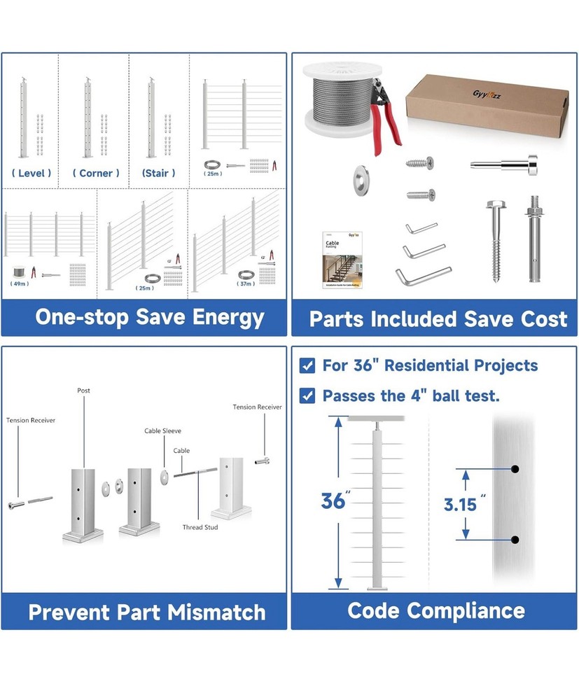 36" One-Stop Cable Railing Post Kits, 4Pack Brushed Finish Level Drilled Line...