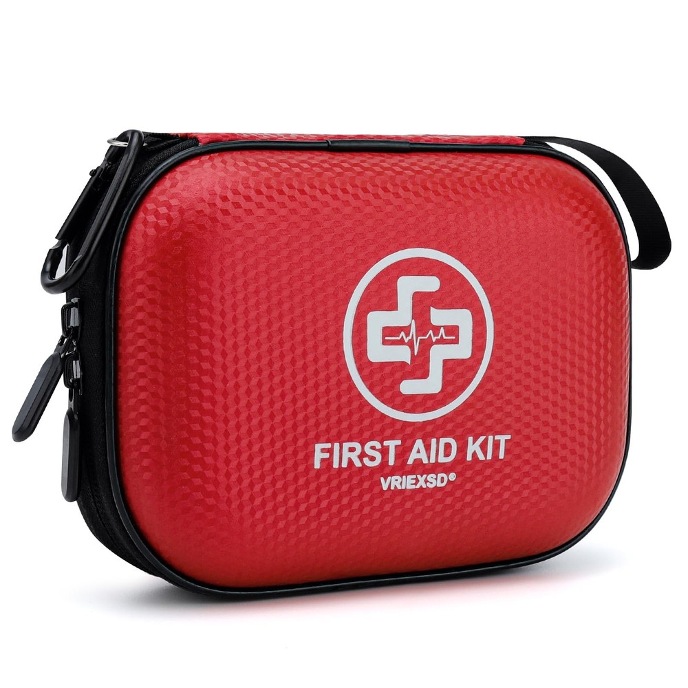 Mini First Aid Kit - 150 Piece Small Waterproof Hard Shell Medical Red