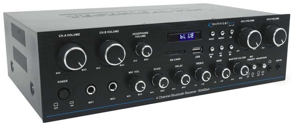 Technical Pro RX400X4 4 Channel 8 Speaker Bluetooth Home Receiver+Mic Inputs