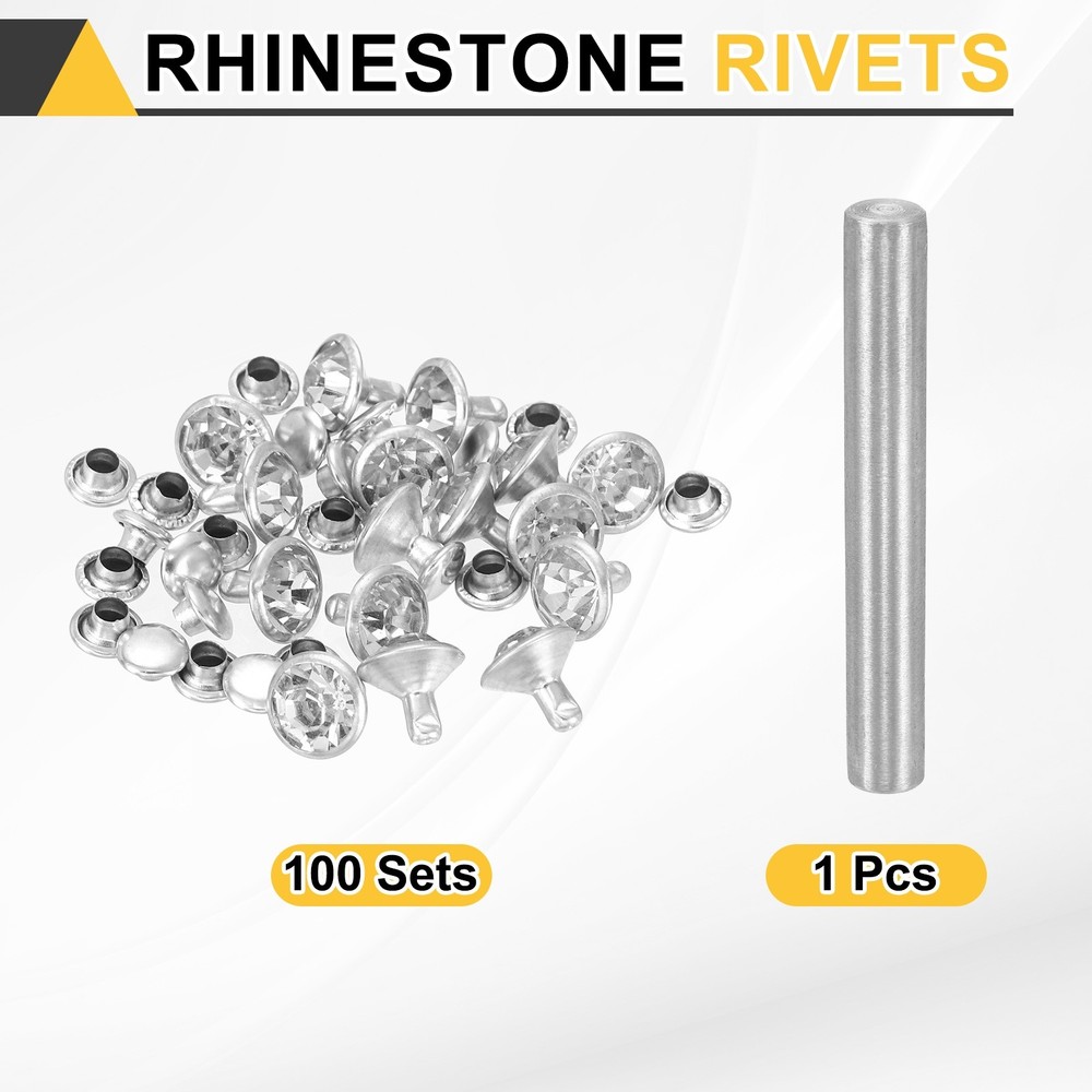 100 Pcs Crystal Rivet 9mm Rhinestone Stud with Installation Tool, Silver White