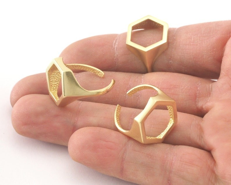 Adjustable Hexagonal Ring, Raw Brass, Antique Silver, Gold Plated (18mm 8US)4198