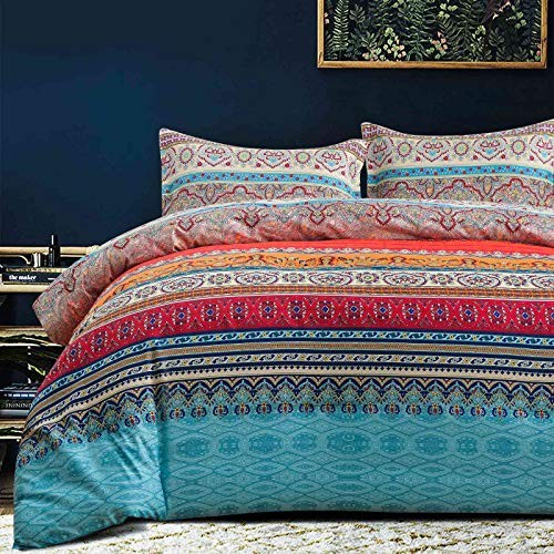 Comforter Set Size, 3pc Boho Red Blue Queen Boho Retro Striped Comforter Set