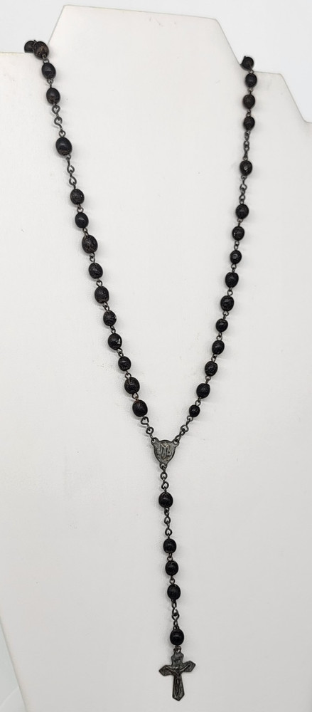Catholic Bead Rosary Black Brown Crucifix INRI Medal Chains Silver Tone Vintage