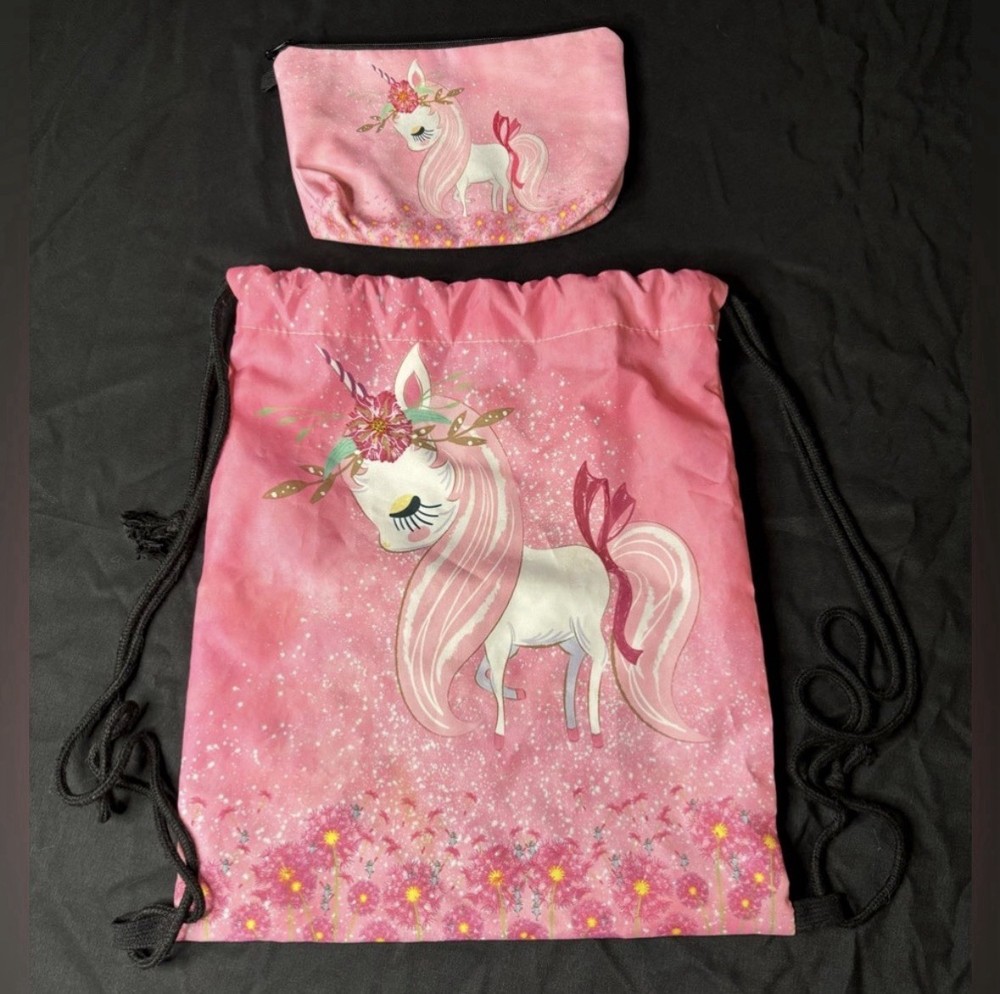 Pink Unicorn Drawstring Backpack & Zippered Pouch Set, Floral, Large, Straps