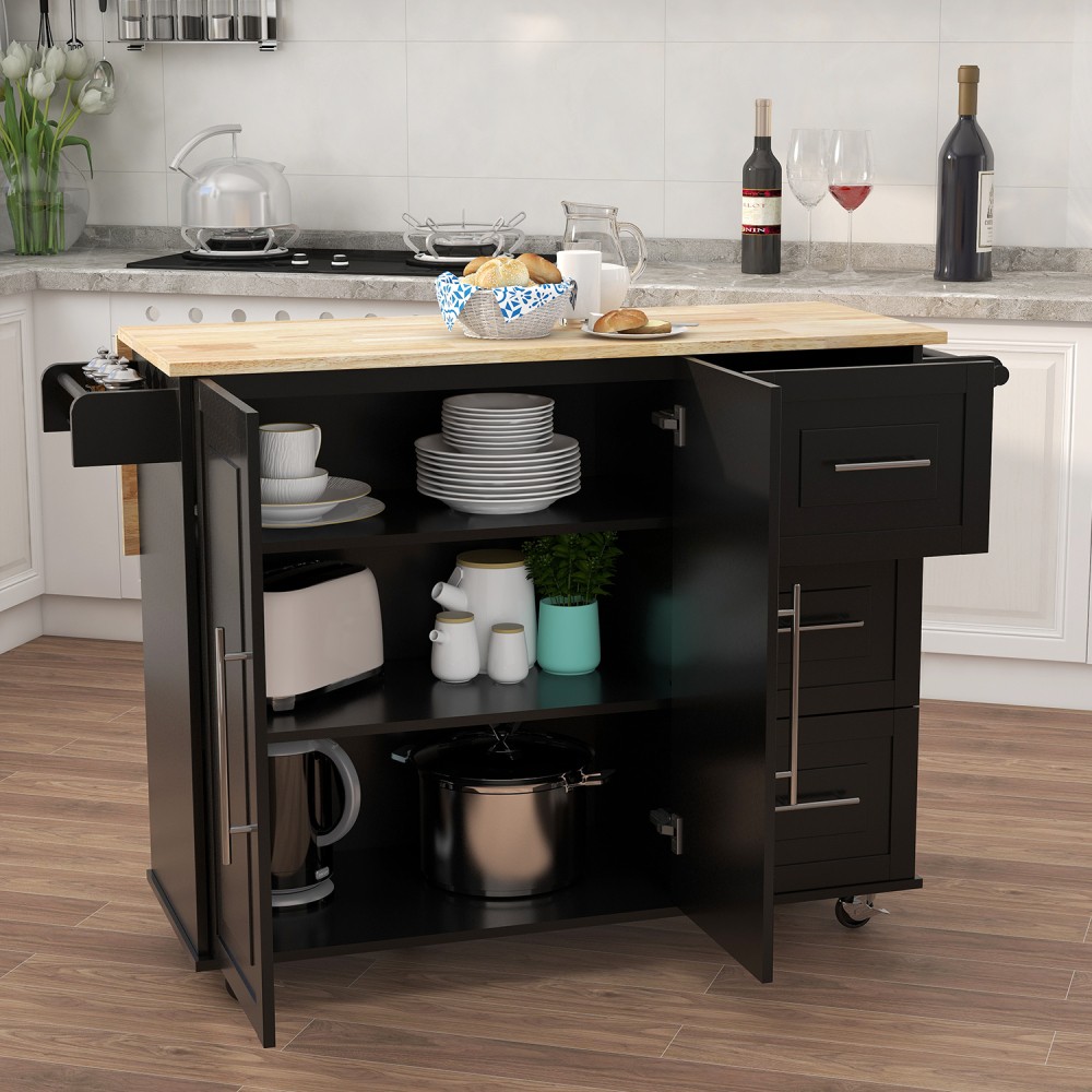 Kitchen Island W Spice Rack Towel Rack Extensible Solid Wood Table Top