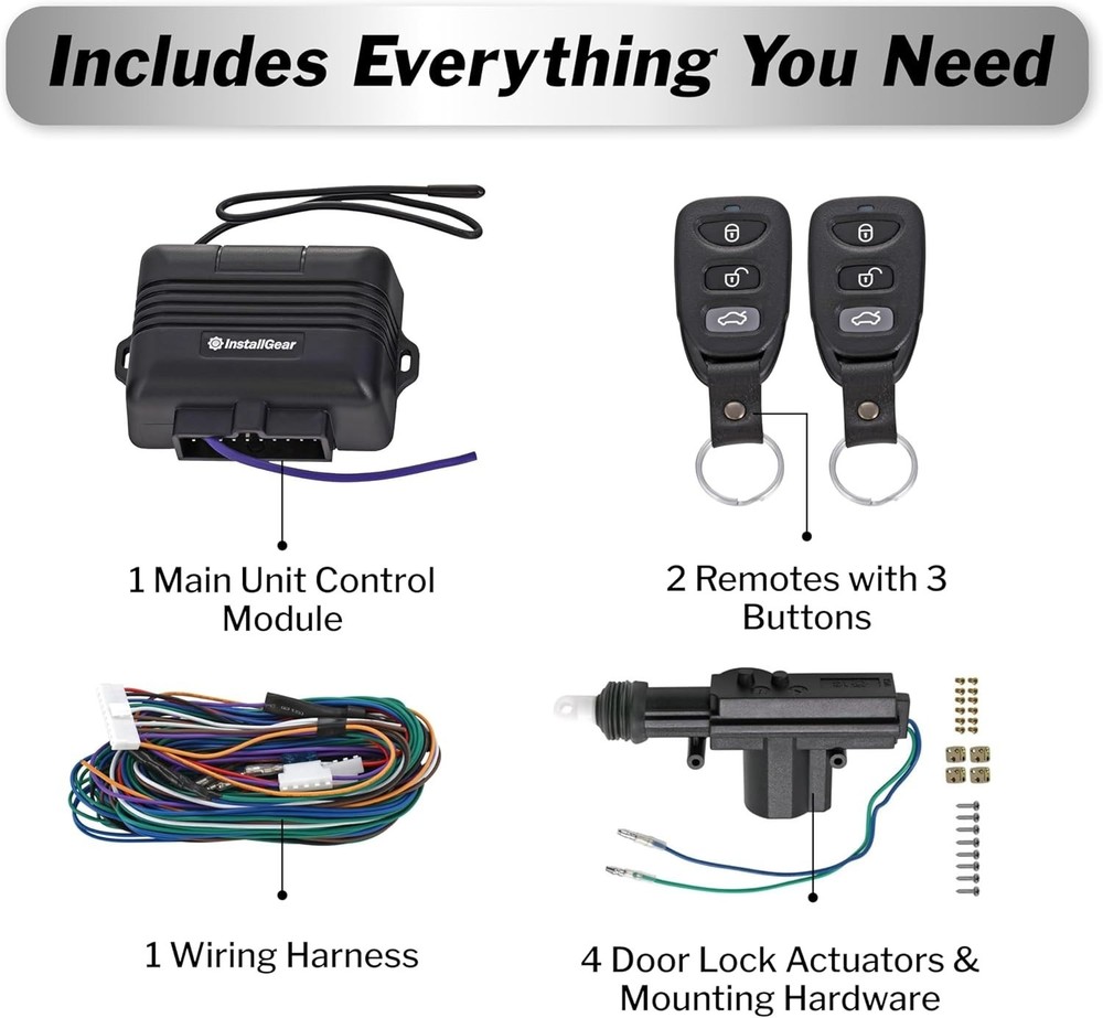 Keyless Entry Car Kit: 2 Remotes, 4 Actuators, Trunk Release, Visual Flash