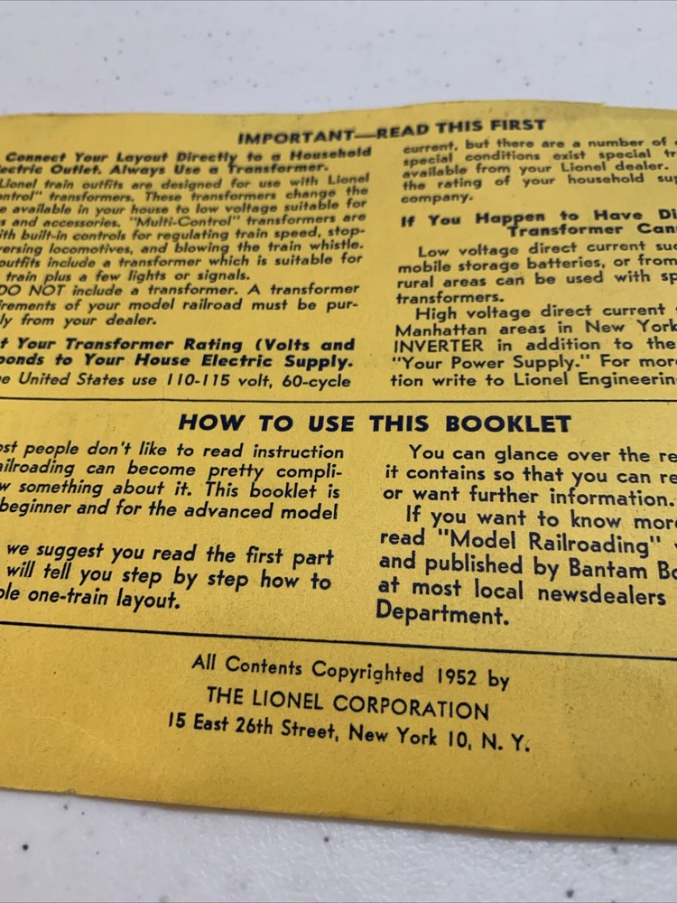 LIONEL POST WAR 1952 OPERATING INSTRUCTIONS BOOKLET COMPLETE
