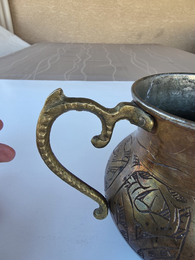 Antique Tinned Copper Ewer Hand Hammered Islamic Middle Eastern Pitcher