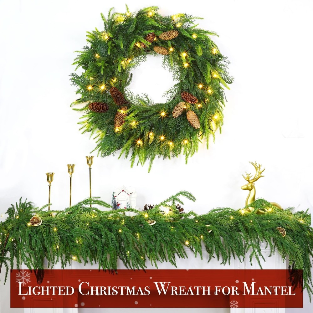 24 Inch Large Christmas Wreath with 50 LEDs Lights Timer 8 Modes, Thick & Sof...
