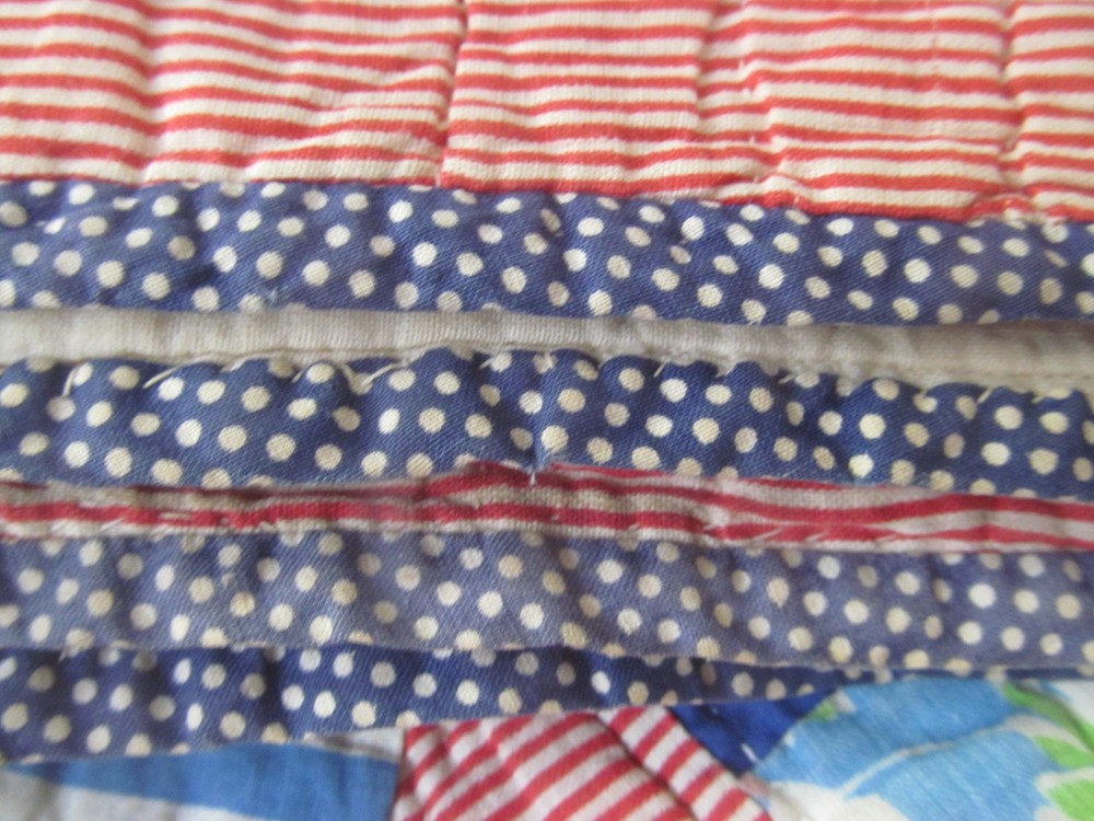 1940s Vintage FOUR PATCH on POINT Handmade Quilt~Tiny Red Stripe & Blue Binding