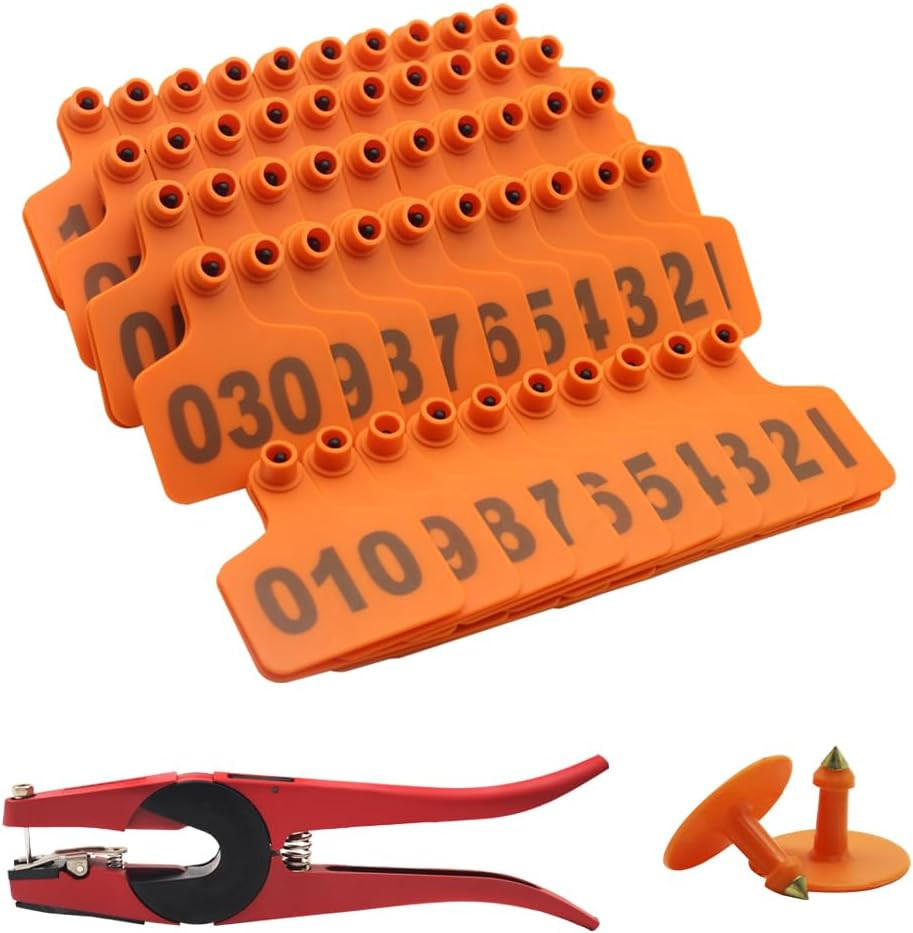 Cattle Ear Tags for Cows 001-100 Ear Tagger Installer Kit (Orange)
