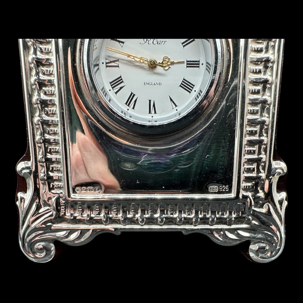CARRS SHEFFIELD 925 STERLING SILVER FRONTED DESK CLOCK WOOD BACK ** WORKING **