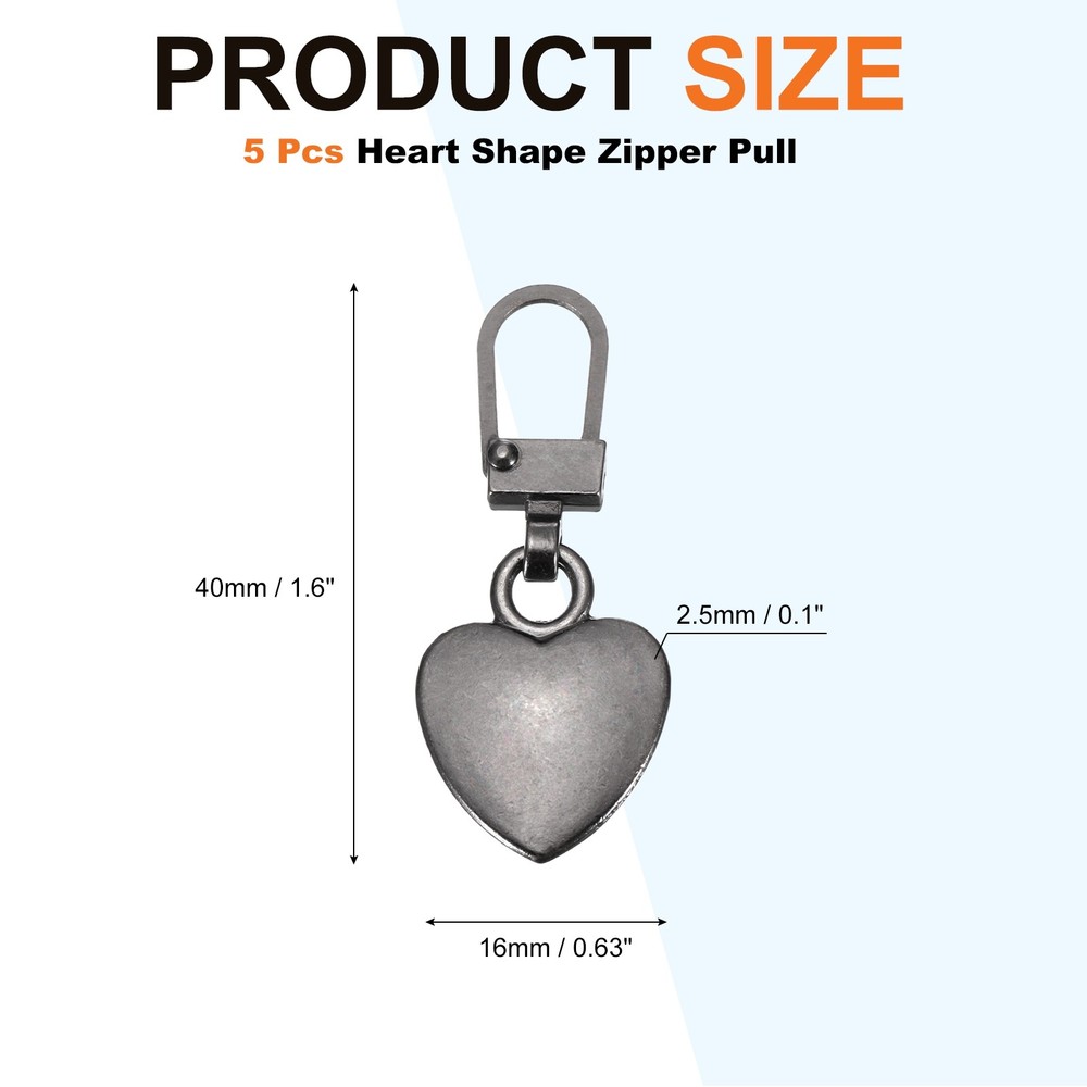 Zipper Pull Charm 5 Pcs Heart Shape Zipper Pull Replacement, Gray