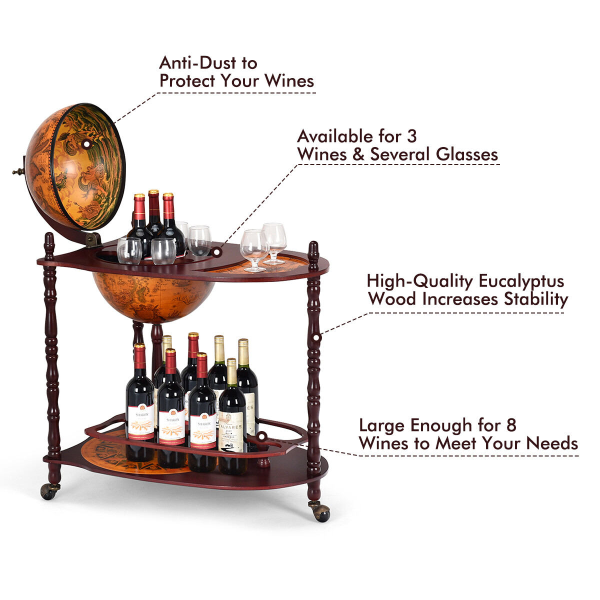 Wood Globe Wine Bar Stand 34" H 16th Century Italian Rack Liquor Bottle Shelf