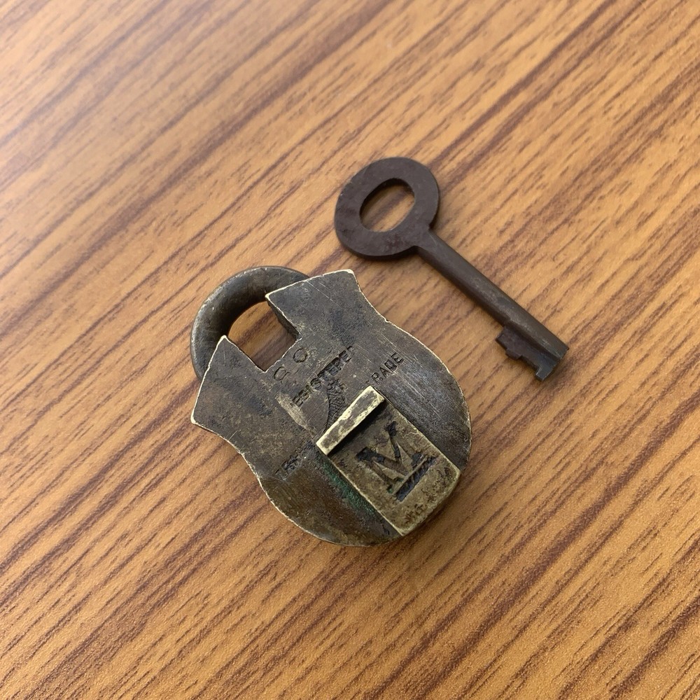 BRASS PADLOCK OR LOCK WITH KEY, miniature sized, OLD OR ANTIQUE, bird monogram.
