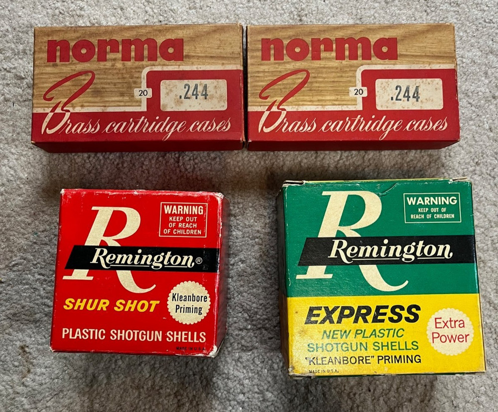 4 Vintage Empty Ammo Boxes 2 Remington (12 & 20) Shell boxes, 2 Norma 244 boxes