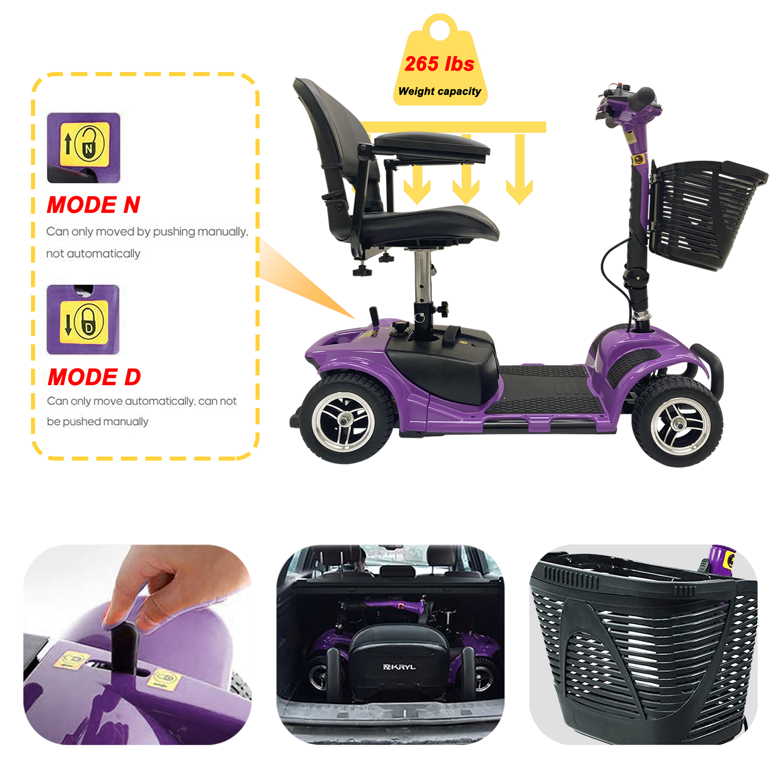 4 Wheel Mobility Scooter Folding Drive Device, Loading Capacity 265 lbs (Purple)