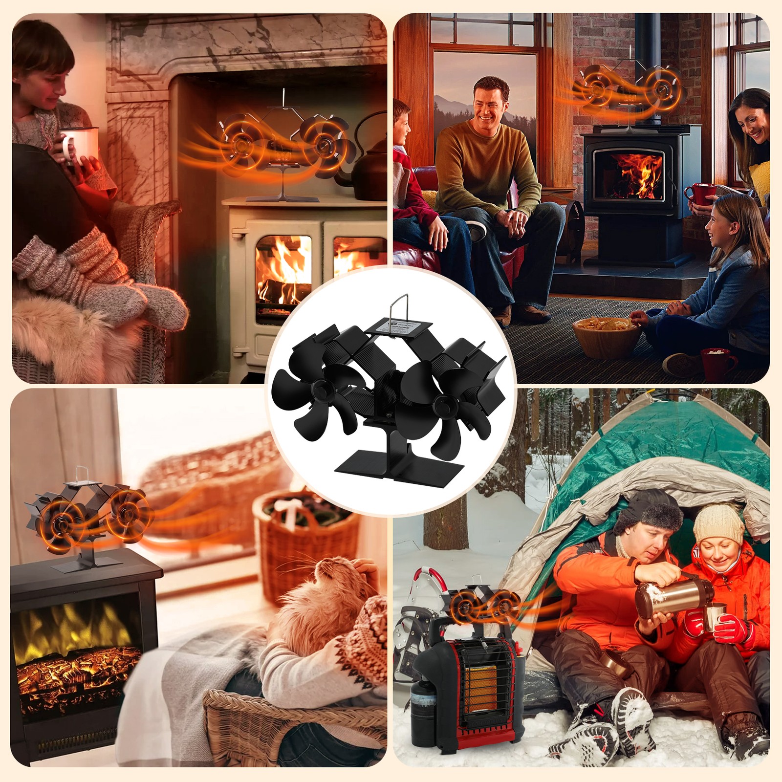 Heat Powered Fireplace Fan 12-Blade Dual Head Wood Stove or Mr Buddy Heater