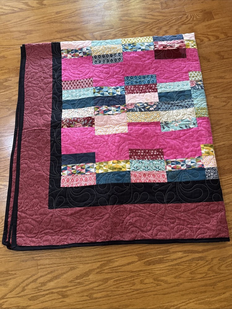 Quilt homemade machine Stitch Lap Quilt Wine Pinks Patchwork 72 X 65”