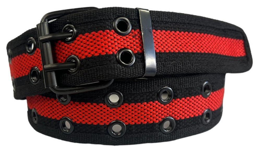 Black & Red  Double Row Grommet Belt 2 Hole Canvas Web Stud Biker Punk Goth Emo