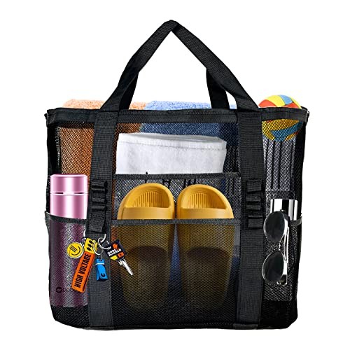 Extra Large Mesh Tote - Lightweight Beach Bag with 9 Pockets, Beach Essentials