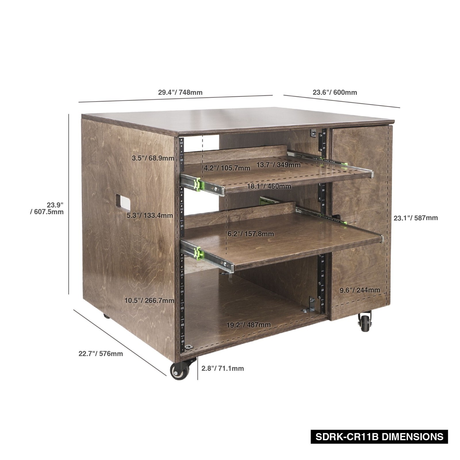 Sound Town 11U Plywood Studio Rack Slide-Out Trays Weathered Brown SDRK-CR11B