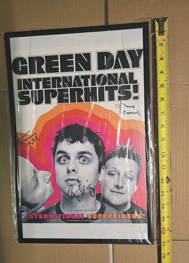 Green Day International Superhits Band Signed Poster. COA, Framed