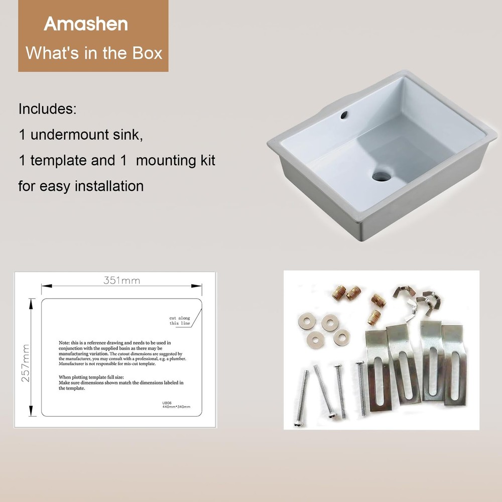17-Inch Undermount Bathroom Sink, White Ceramic Rectangular Vanity Sink with ...