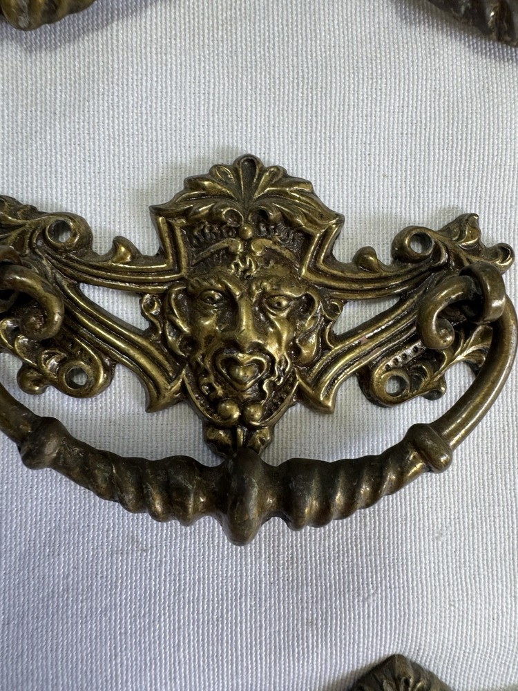 10 Rare Gothic Victorian Devil Face Brass Bail Drawer Pulls (8 Large & 2 Small)