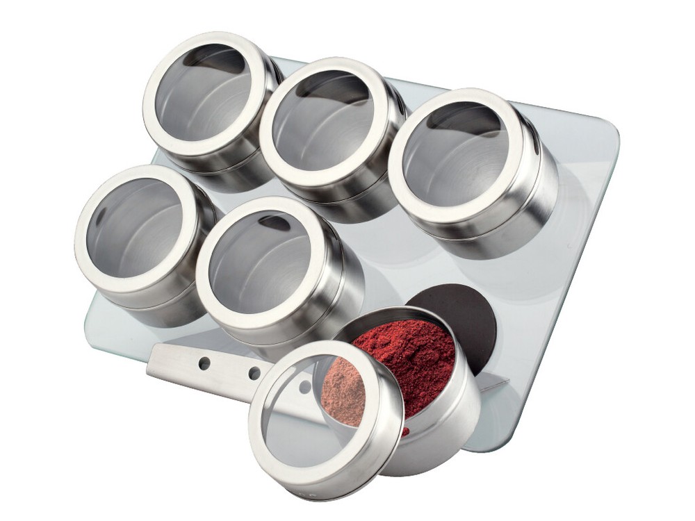 6 Piece Magnetic Spice Rack With Rectangular Glass Stand