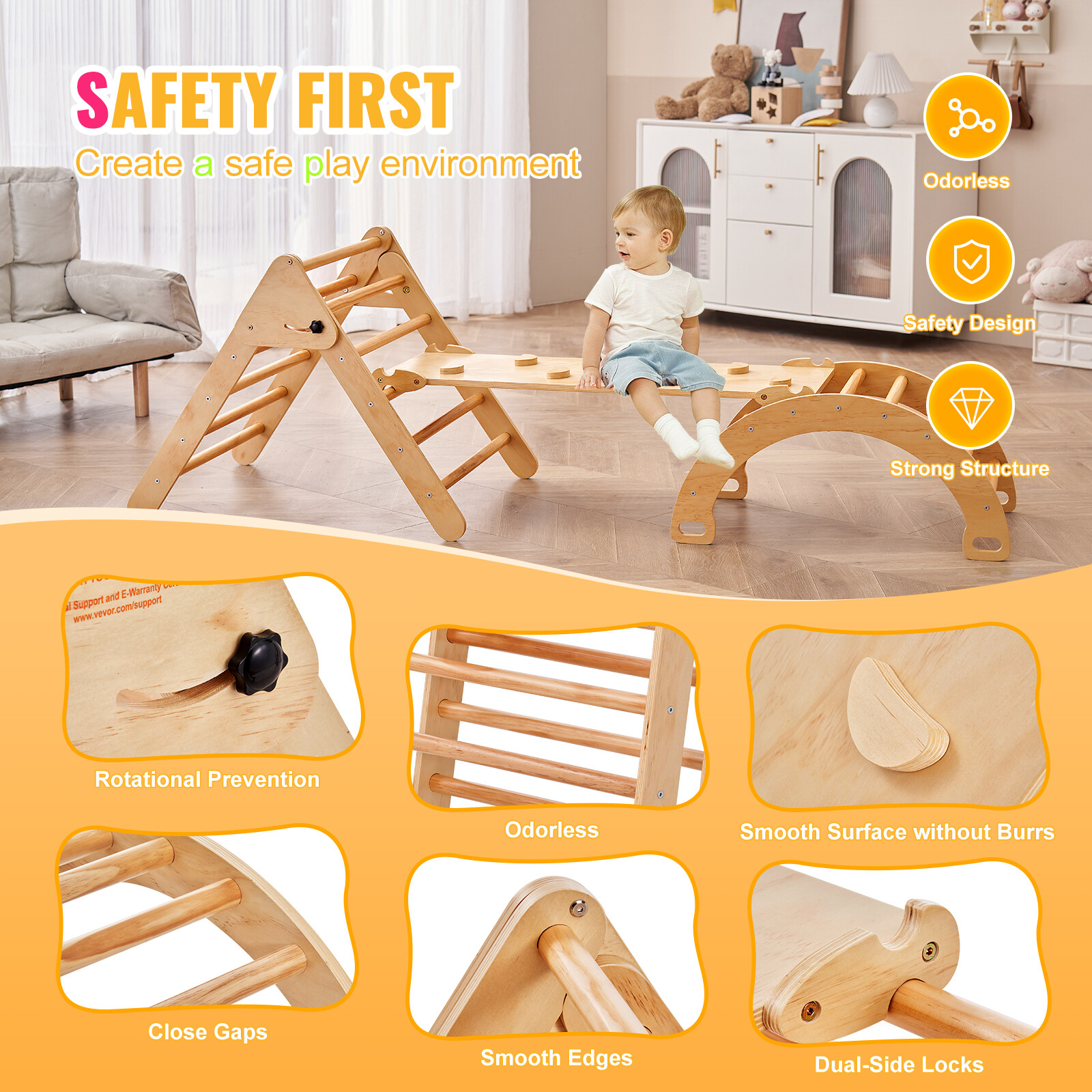 VEVOR Pikler Triangle Set 5in1 Montessori Climbing Toys for Toddlers Large Wood