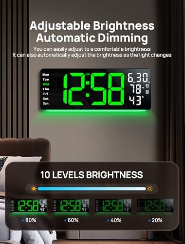 17.3" Large Digital Wall Mount Clock, Digital Clock with Remote Control, Green