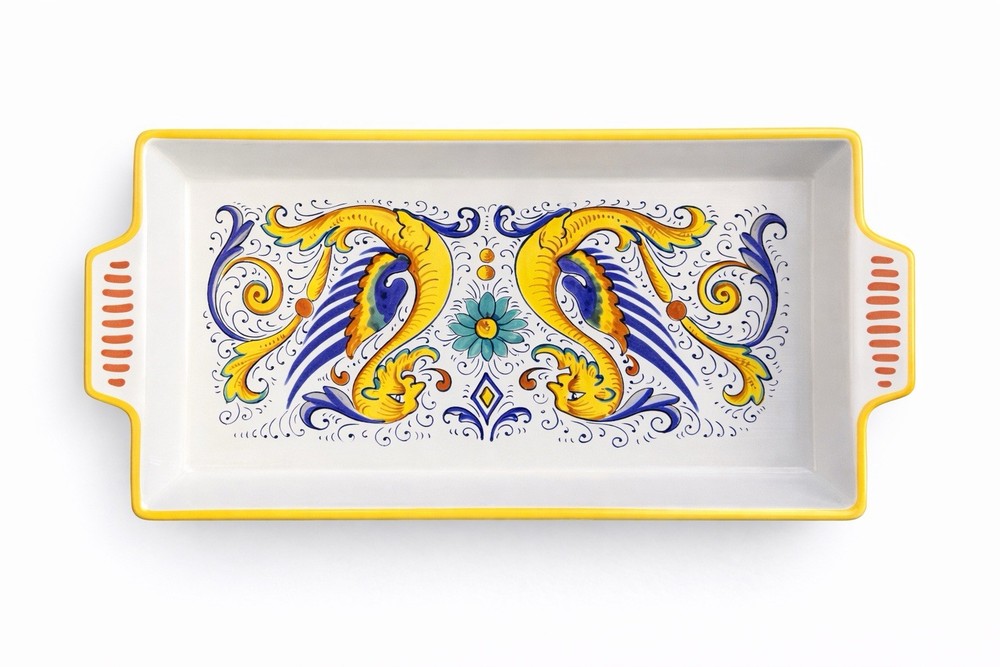 Deruta Ceramic Rectangular Baking Dish Yellow Blue Orange Decorative Handles