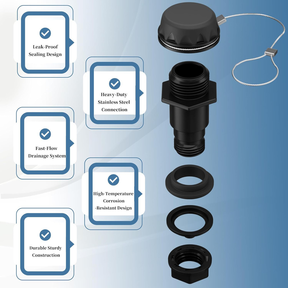 Black Cooler Drain Plug Replacement with Stainless Steel Tether, Leak-Proof D...
