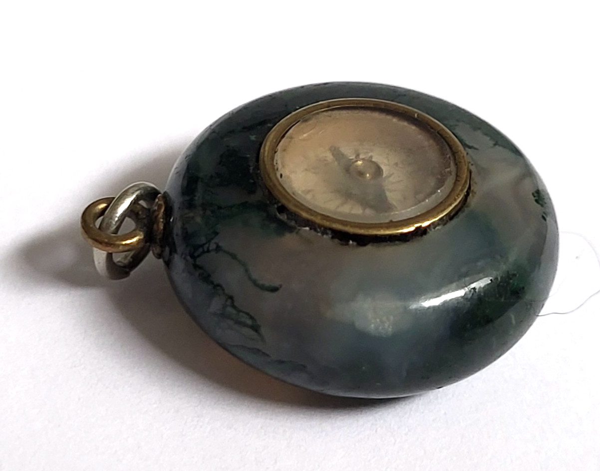 Antique Pocket Watch Fob Green Moss Agate W Compass Victorian Era