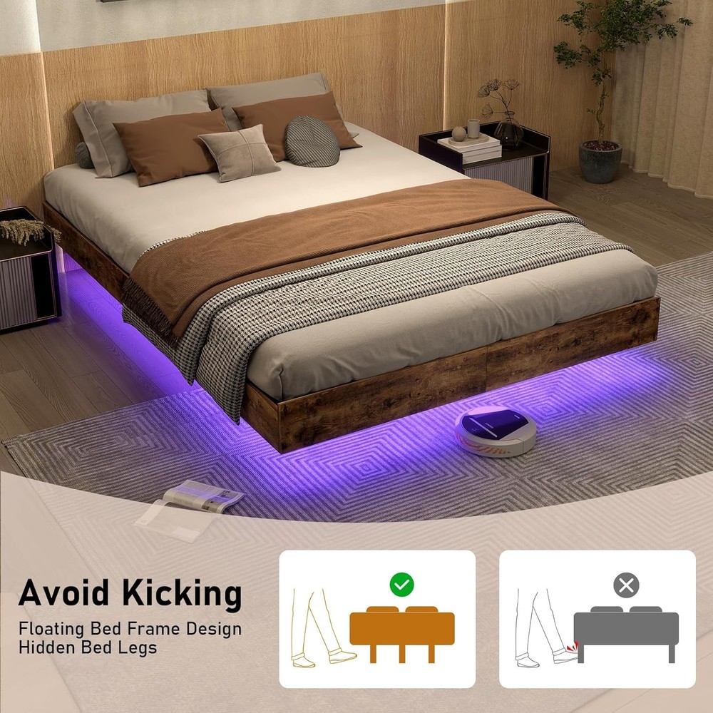 Floating Full/Queen/King Bed Frame with LED Lights, No Box Spring Needed