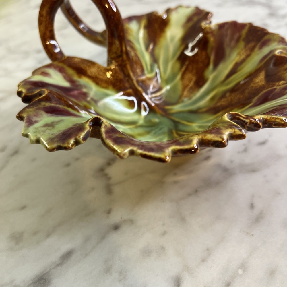 Vintage Maple Leaf Dish Green Brown Ceramic Double Loop Handle MCM