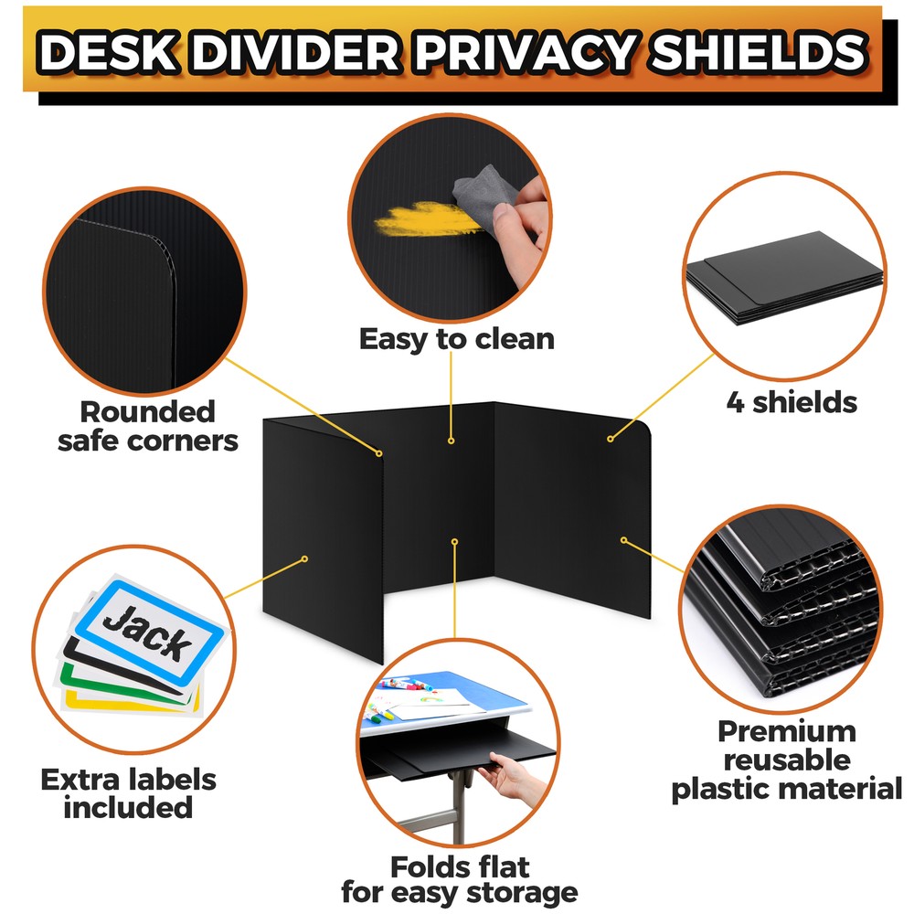 4-Pack Black Desk Dividers for Students, Plastic Study Carrel, Classroom Folder