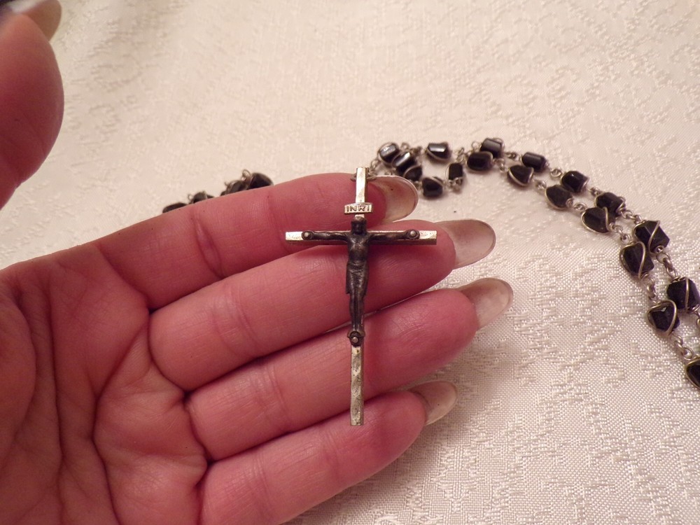 VTG Rosary Black Beaded With Silver Designs on Beads