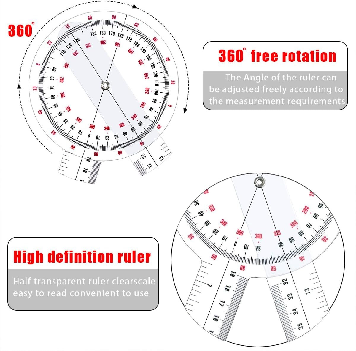 12 inch Transparent Orthopedic Angle Ruler Plastic Goniometer, 360 Degree Clear