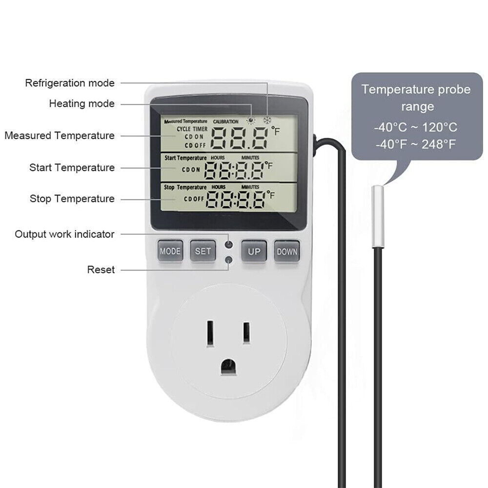 Digital Thermostat Heating Cooling Temperature Controller Outlet Plug w/ Probe