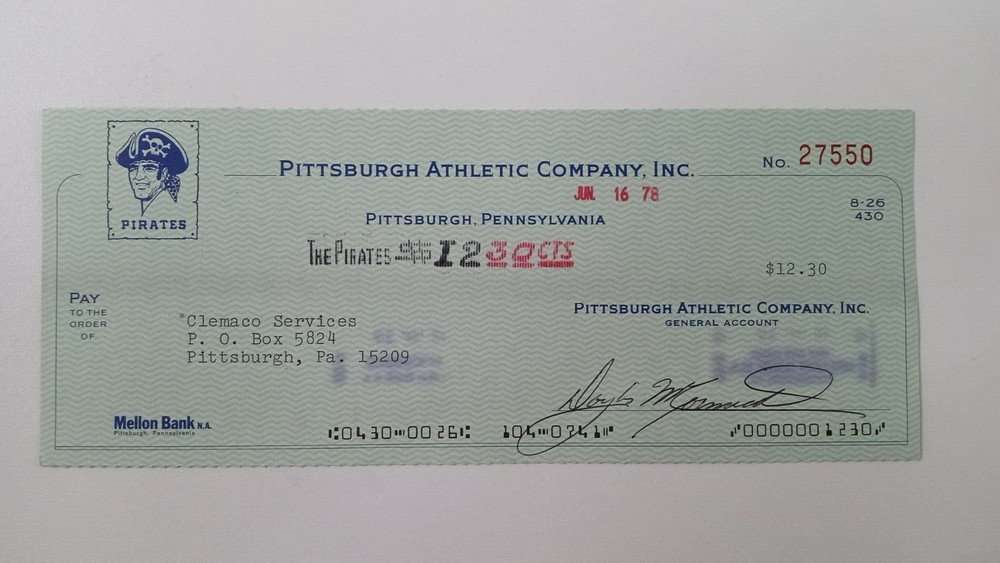 Clemaco Services: 1978 Pittsburgh Pirates Expense Check